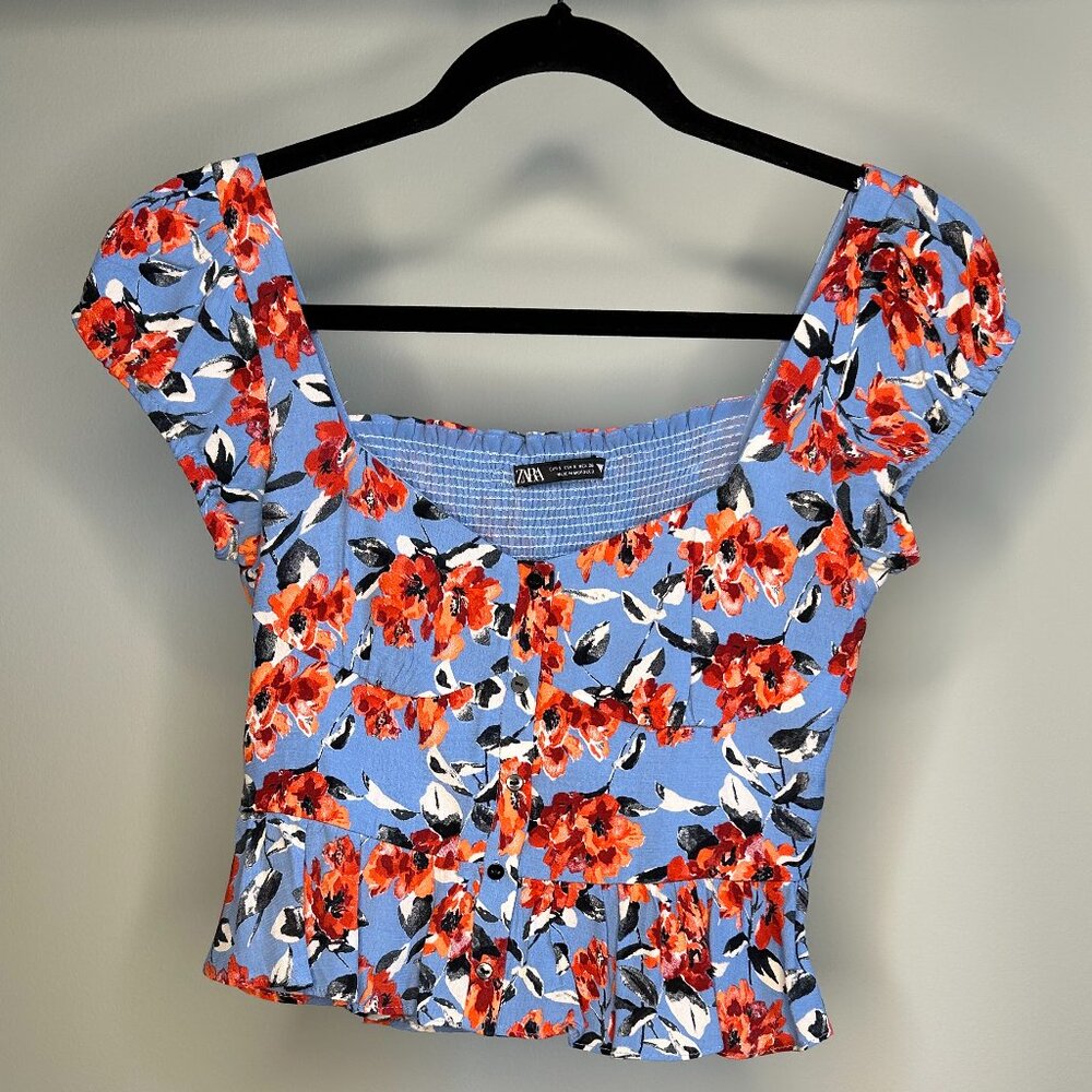 Zara Red White and Blue Floral and Crane Print Sweetheart Neckline Top